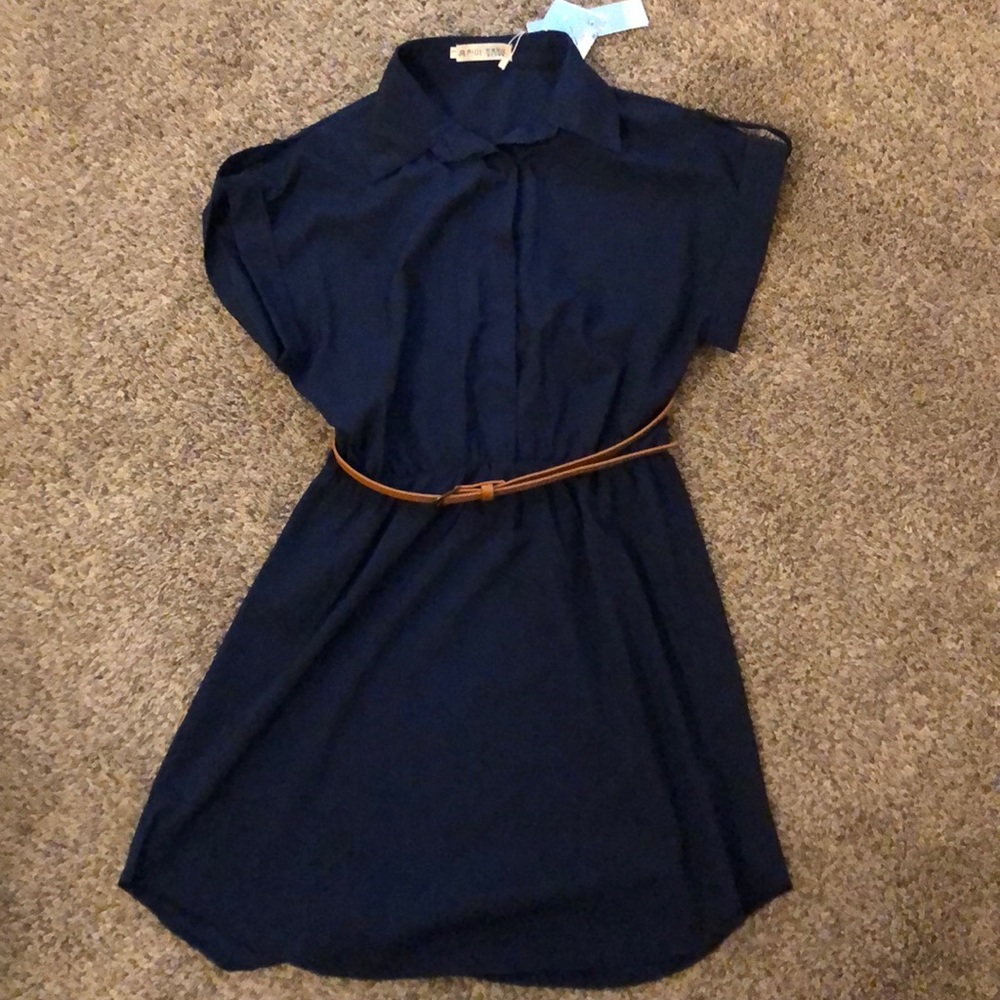 NWT Navy dress with tan belt